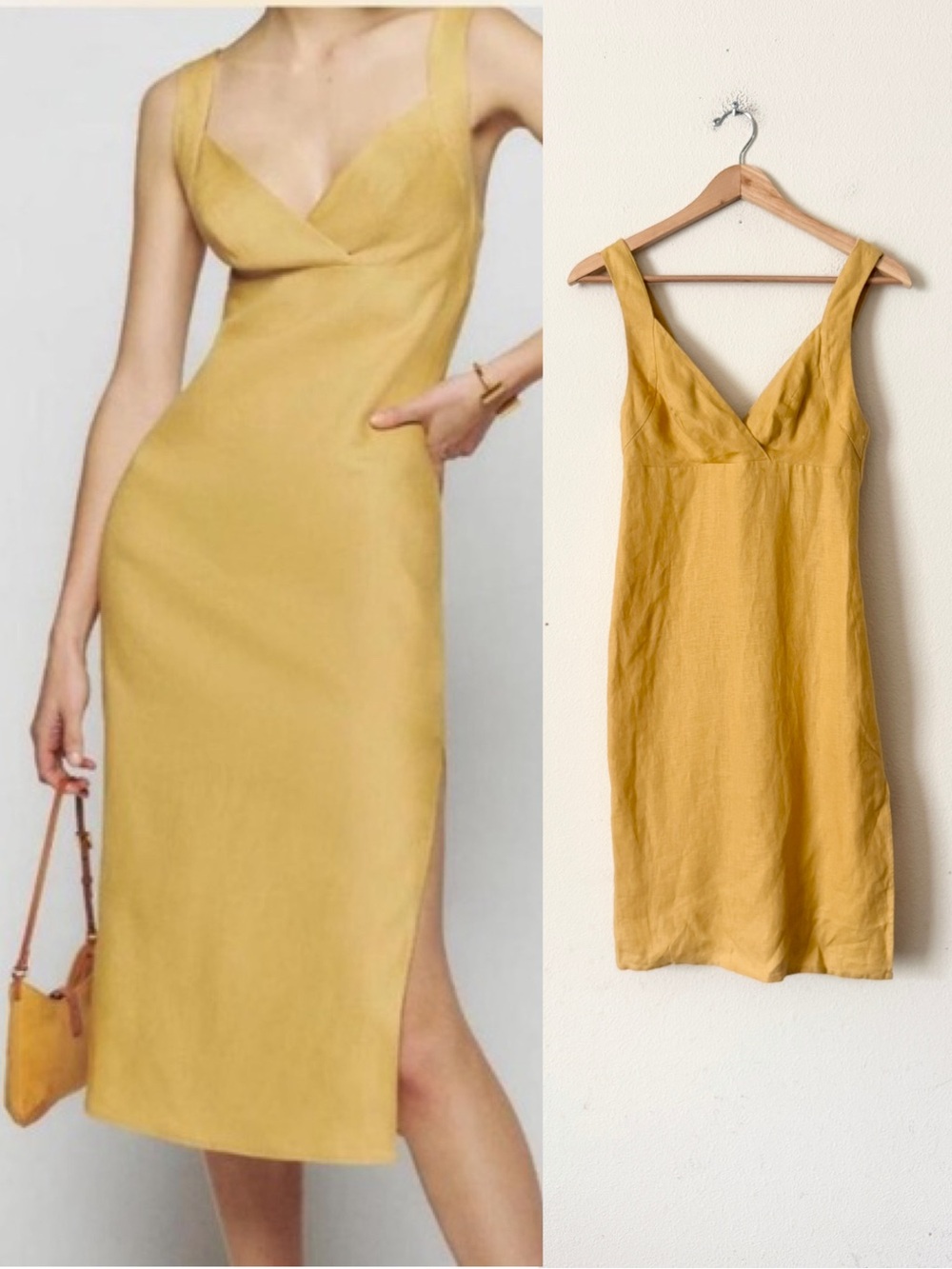 Reformation SIZE 2 Allira 100% linen Vneck midi slit hem dress in gold